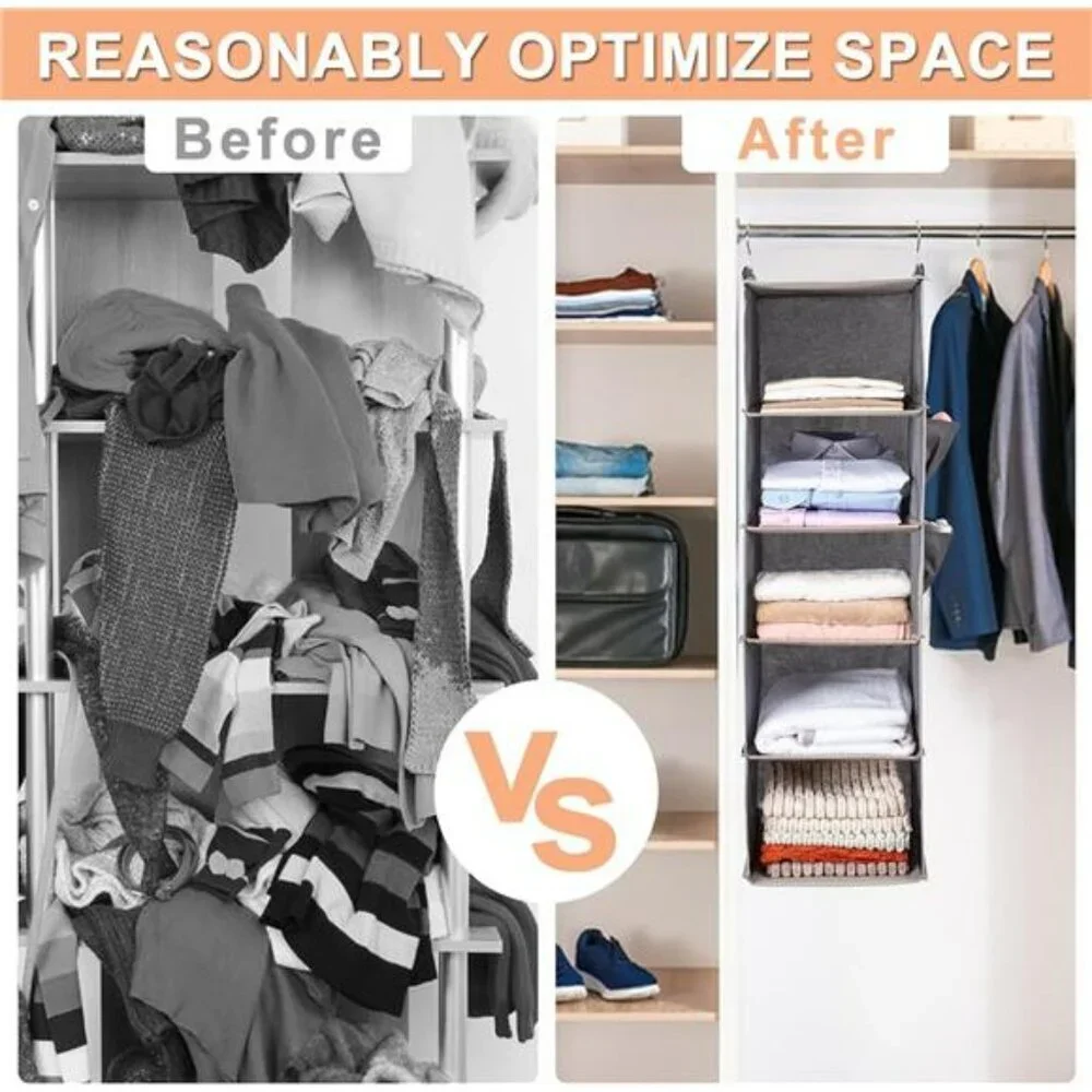 Hanging closet organizer 5 tier shelves with side pockets foldable storage grey